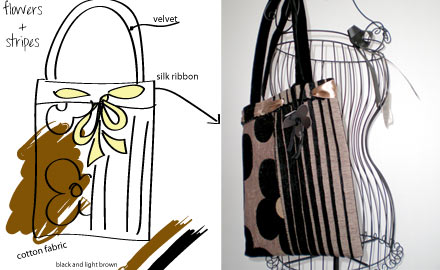 Sketches and realisation of the hand sewed Hippy bag